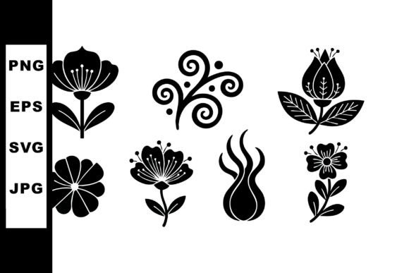 Black Silhouette Floral Icons Set with V Graphics and Illustrations
