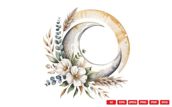 Celestial Boho Moon Floral Clipart Graphics and Illustrations