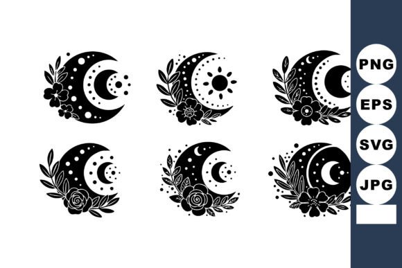 Crescent Moon and Sun Floral Celestial D Graphics and Illustrations Review