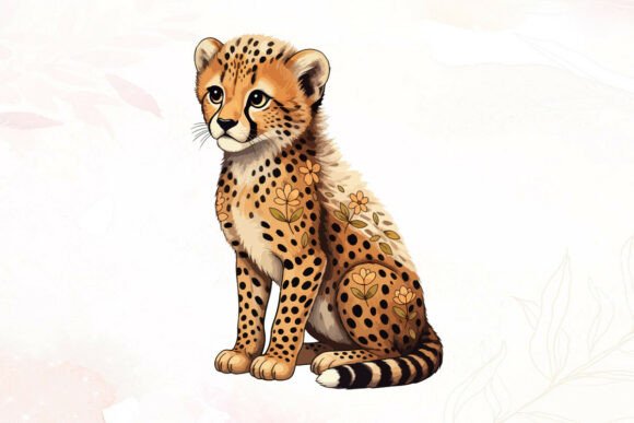 Cute Cheetah Cub with Floral Spots Graphics and Illustrations