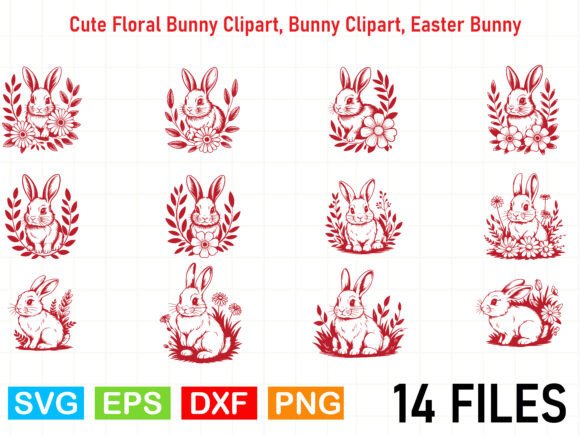 Cute Floral Bunny Clipart, Bunny Clipart Graphics and Illustrations