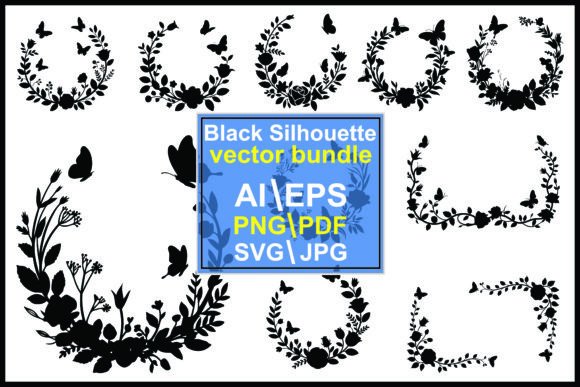Floral and Butterfly Wreath Silhouettes Graphics