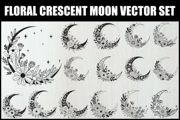 Floral Crescent Moon Vector Set Graphics and Illustrations Review