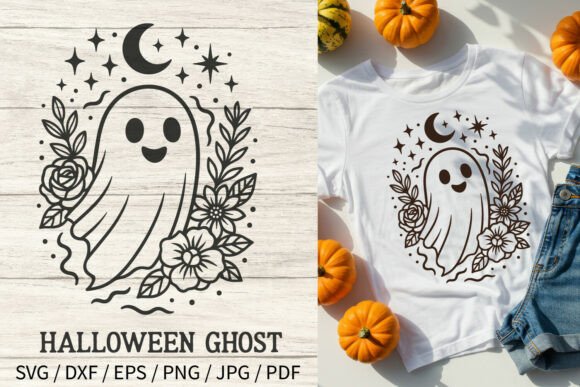 Floral Halloween Cute Ghost SVG File Graphics and Illustrations