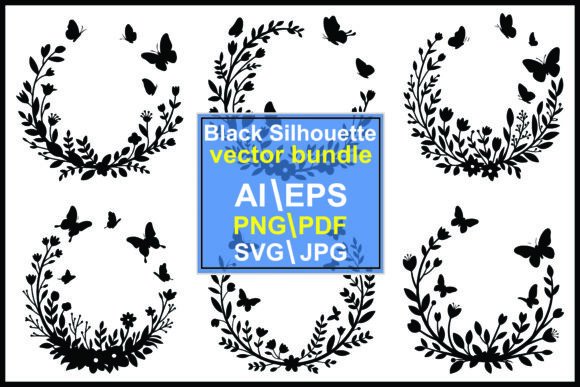 Floral Wreaths Butterflies Silhouette Graphics and Illustrations