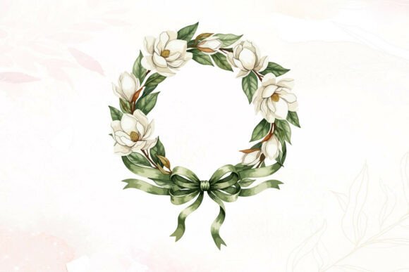 Magnolia Floral Wreath Green Ribbon Graphics and Illustrations