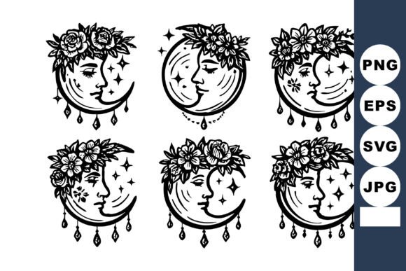 Moon with Floral Crown Six Variations My Graphics and Illustrations Review