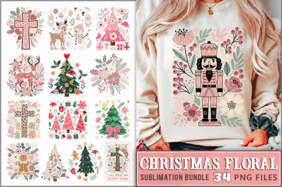 Pink Boho Floral Christmas PNG Bundle Graphics and Illustrations