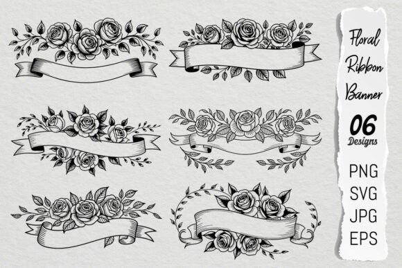 Rose Floral Ribbon Banner SVG PNG Bundle Graphics and Illustrations
