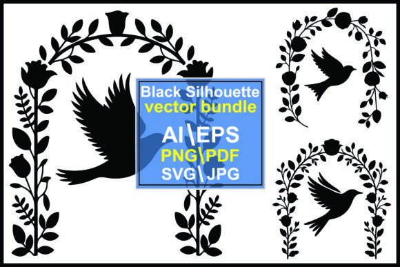 Silhouette Birds and Floral Branches Graphics and Illustrations