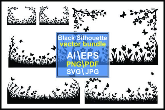 Silhouette Floral and Butterfly Patterns Graphics and Illustrations