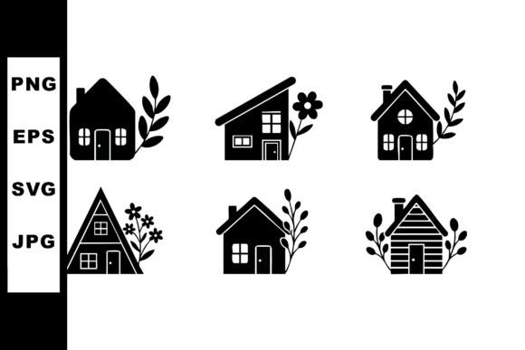 Small Cozy House Icons with Floral Eleme Graphics and Illustrations