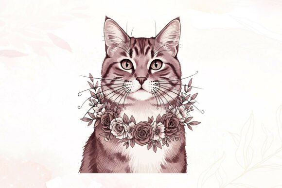 Vintage Cat with Floral Collar Sketch Graphics and Illustrations