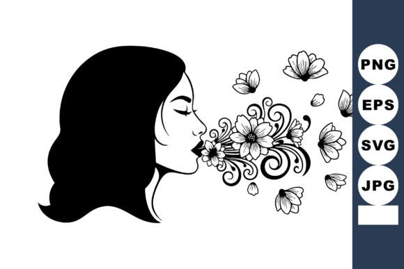 Woman Blowing Flowers and Floral Element Graphics and Illustrations